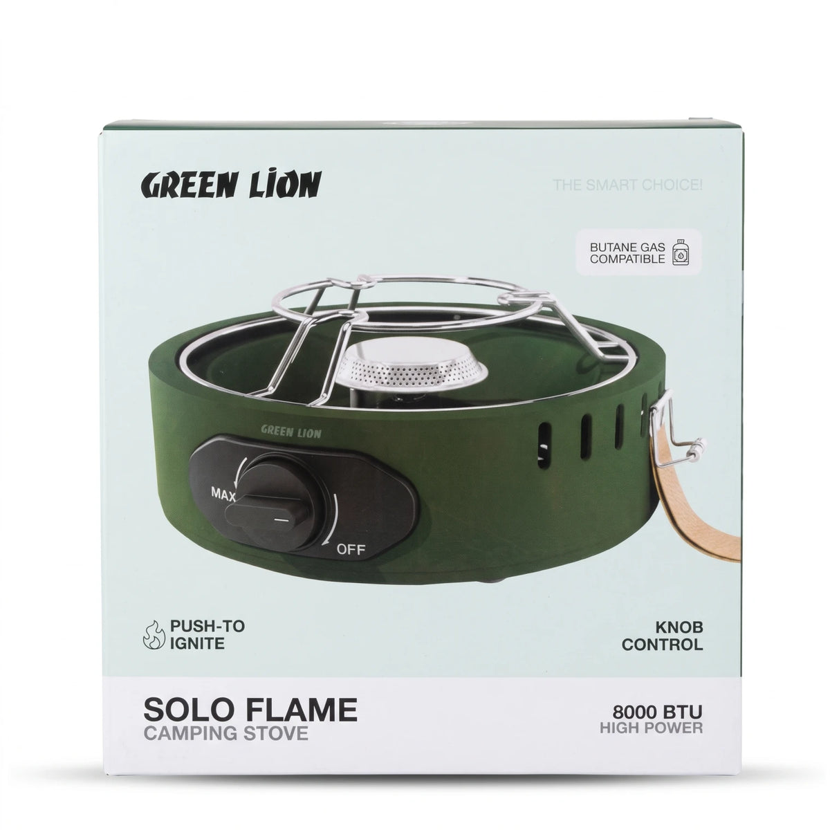 GREEN LION SOLO FLAME Camping Stove – Green Butane Gas Compatible Single Burner | Push-to-Ignite, Knob Control, 8000 BTU High Power