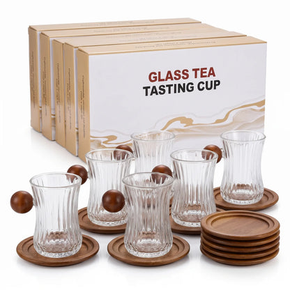 GLASS TEA TASTING CUP 12-Piece Set – 6 Ribbed Glass Cups with Wooden Handles and 6 Wooden Saucers for Tea Serving