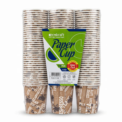 ecoKraft Paper Cups 6 oz, 150-Piece Value Pack | Food-Grade Drinking Cups with Brown Printed Design, Made in UAE