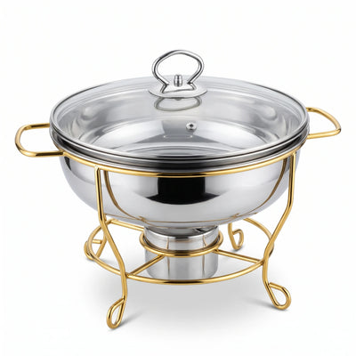 Chafing Dish Food Warmer 3.5L – Highly Polished Stainless Steel Buffet Server with Glass Cover, Handle and Gold-Colored Frame for Buffet Service