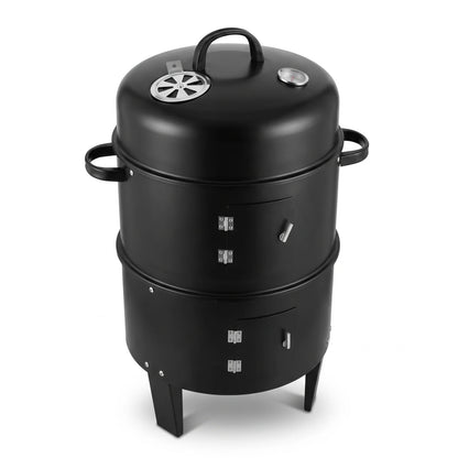 3-in-1 Vertical Charcoal Smoker Grill Black - Heavy Duty Portable Outdoor BBQ with Smoking Function, Built-in Thermometer, Air Vent & Domed Lid