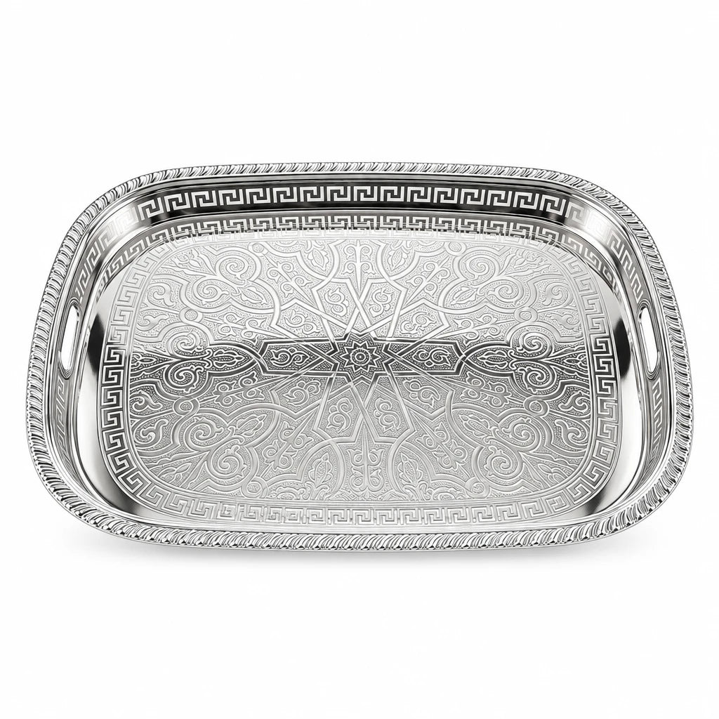 M.E.W Luxury Metal Serving Tray with Mirrored Center – Small, Medium or Large | Silver or Gold | Engraved Greek Key Border - Silver / Large - Image 1