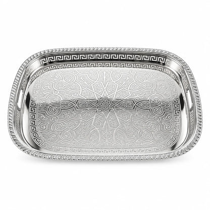 M.E.W Luxury Metal Serving Tray with Mirrored Center – Small, Medium or Large | Silver or Gold | Engraved Greek Key Border - Silver / Large - Image 1