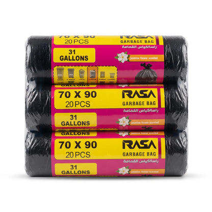 RASA Garbage Bag – 31 Gallons, 70 X 90, Black | Jasmine Flower Scented | Pack of 3, 20 Pieces Each | Household Waste Disposal Bags