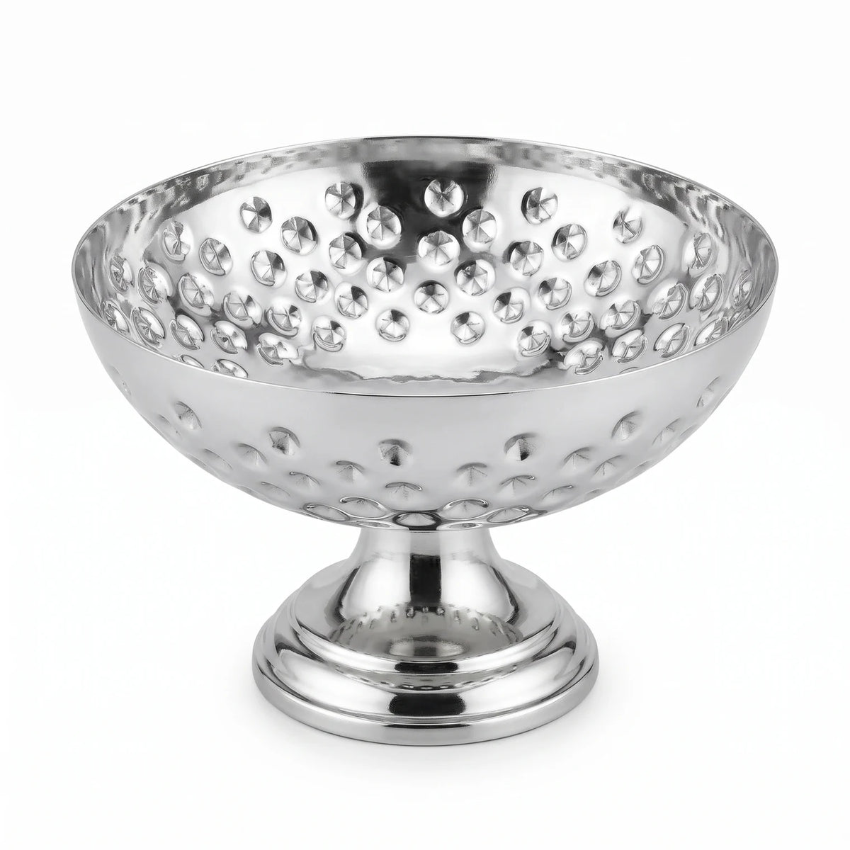 Silver Metal Decorative Fruit Bowl (Small) – 14 x 18 x 18 cm | Pedestal Design with Raised Leaf-Shape Details