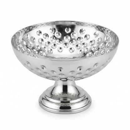 Silver Metal Decorative Fruit Bowl (Small) – 14 x 18 x 18 cm | Pedestal Design with Raised Leaf-Shape Details