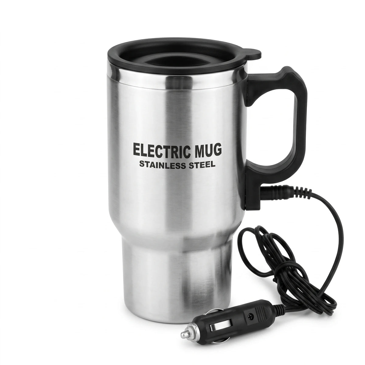 Electric Stainless Steel Car Mug 14oz – Lid, Handle and Vehicle Power Plug | Electric Mug for Car Use