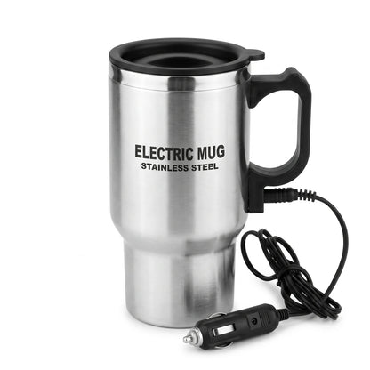 Electric Stainless Steel Car Mug 14oz – Lid, Handle and Vehicle Power Plug | Electric Mug for Car Use