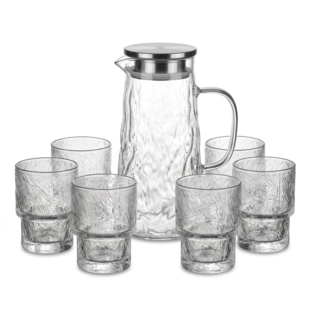 ROSE 7-Piece Glass Jug and Cups Set – Lidded Pitcher with Six Textured Drinking Glasses for Everyday Serving