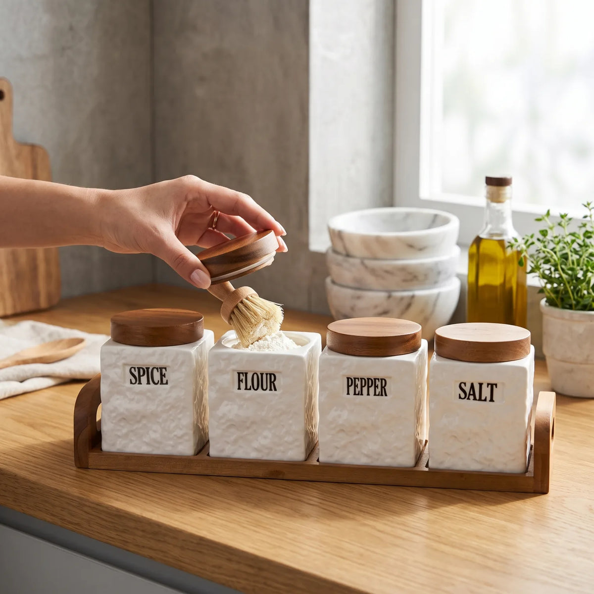 4-Piece Ceramic Canister Set with Wooden Airtight Lids and Tray – Spice, Flour, Pepper and Salt Containers