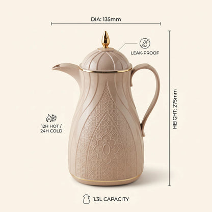 Rose Beige Vacuum Flask 1.3 Litre – Arabic Geometric Design, Gold-Tone Accents, Leak-Proof Tea and Coffee Flask