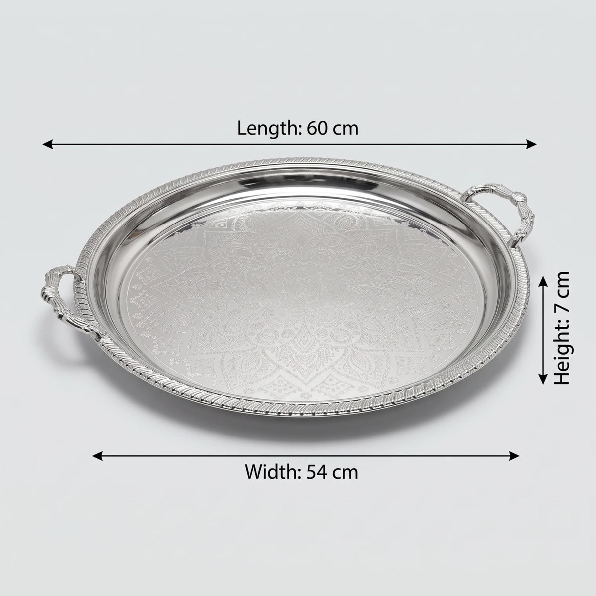 M.E.W Round Stainless Steel Serving Tray – Large & Extra Large | Mandala Floral Pattern | Decorative Handles | Silver, Gold & Silver - Gold - Silver / Large - Image 2
