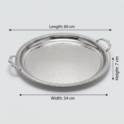M.E.W Round Stainless Steel Serving Tray – Large & Extra Large | Mandala Floral Pattern | Decorative Handles | Silver, Gold & Silver - Gold - Silver / Large - Image 2