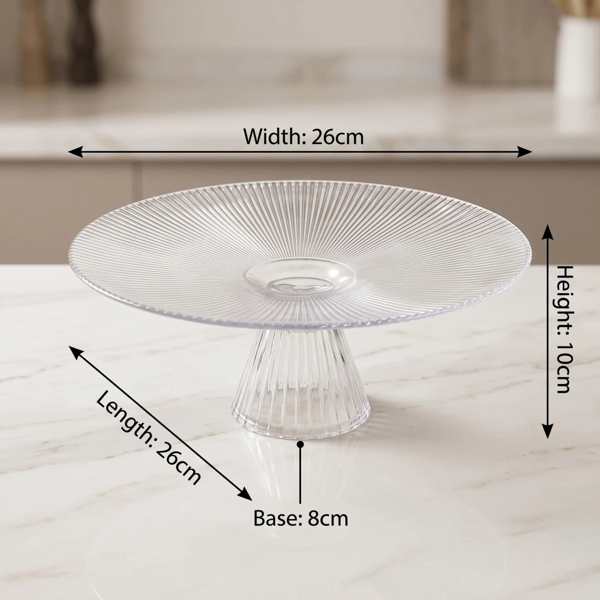 Decorative Ribbed Glass Cake Pedestal Stand – 26cm Round Stand with 10cm Height and 8cm Base