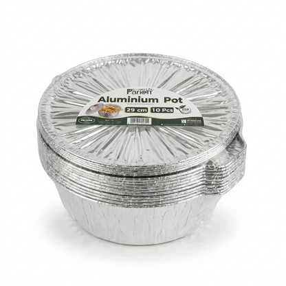 Parlot Aluminum Pot 29 cm, 10 Pcs with Lids – Silver Disposable Containers for Catering, Parties, Restaurants, Events & Home Use