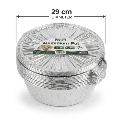 Parlot Aluminum Pot 29 cm, 10 Pcs with Lids – Silver Disposable Containers for Catering, Parties, Restaurants, Events & Home Use