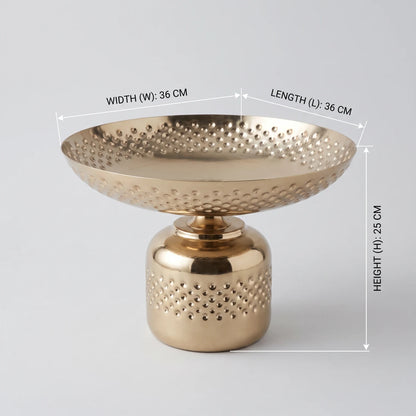 Gold-Toned Metal Decorative Bowl (Extra Large) – 25 x 36 x 36 cm | Raised Pedestal | Perforated Pattern | Home Decor