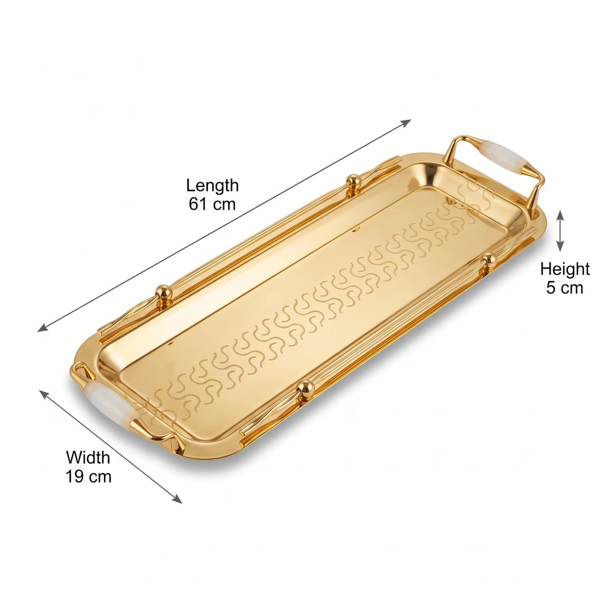 Ansa Luxury Rectangular Stainless Steel Serving Tray 61 x 19 x 5 cm – Engraved Pattern, Decorative Handles, Silver - White or Gold - White - Gold - White - Image 2