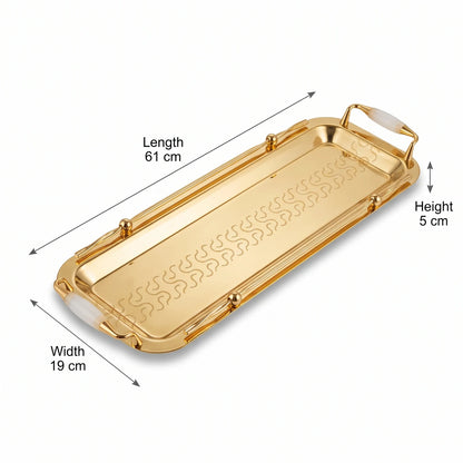 Ansa Luxury Rectangular Stainless Steel Serving Tray 61 x 19 x 5 cm – Engraved Pattern, Decorative Handles, Silver - White or Gold - White - Gold - White - Image 2