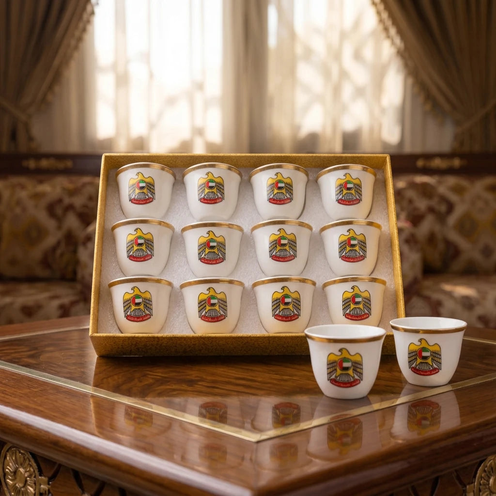 UAE National 12 Pieces Arabic Coffee Cups – Handleless White Cups with Gold Rims, UAE Emblems and Presentation Box