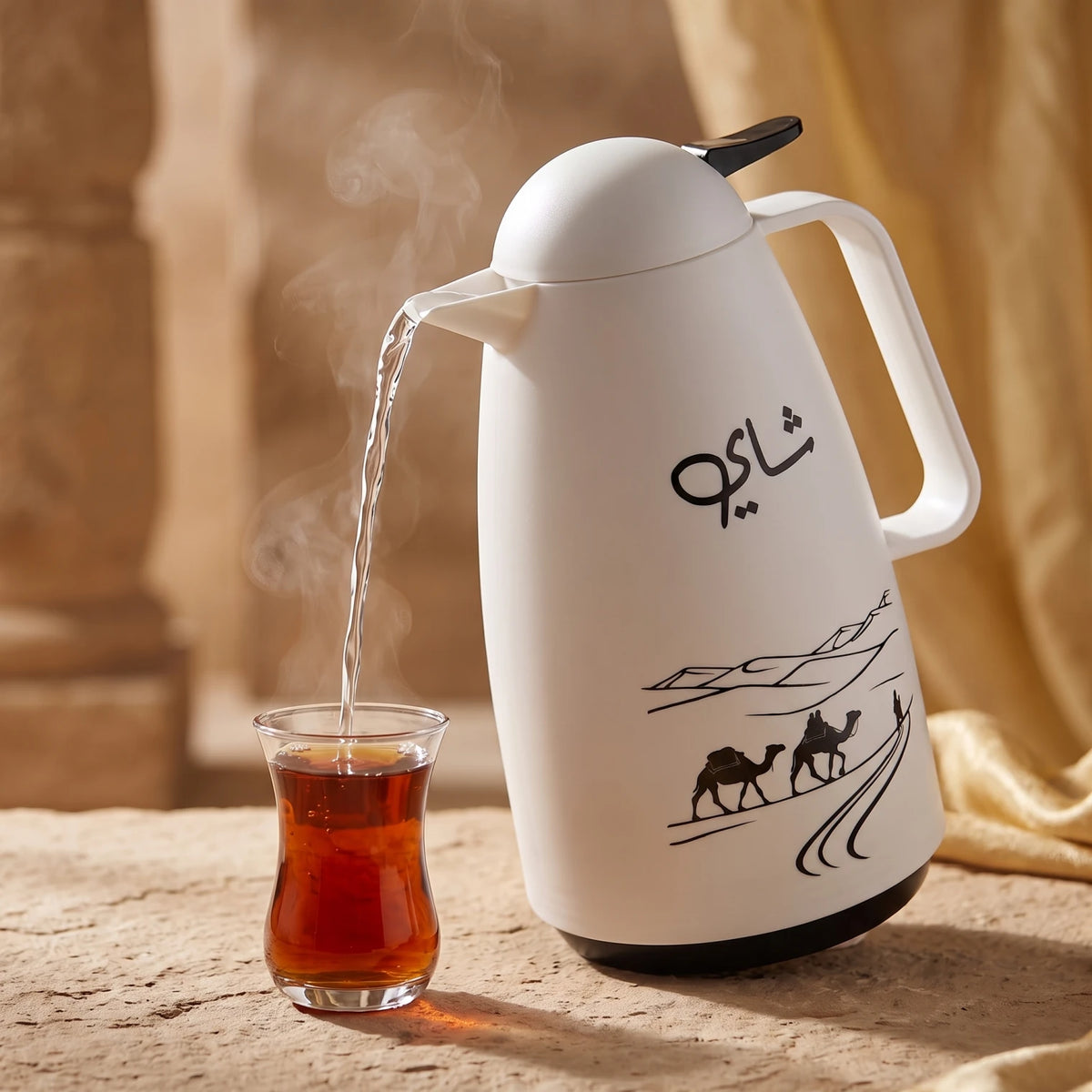 Crystal House White Vacuum Flask 1 Litre – Plastic Body | Pink Glass Interior | Arabic Desert Artwork | Chai Calligraphy | Leak Proof