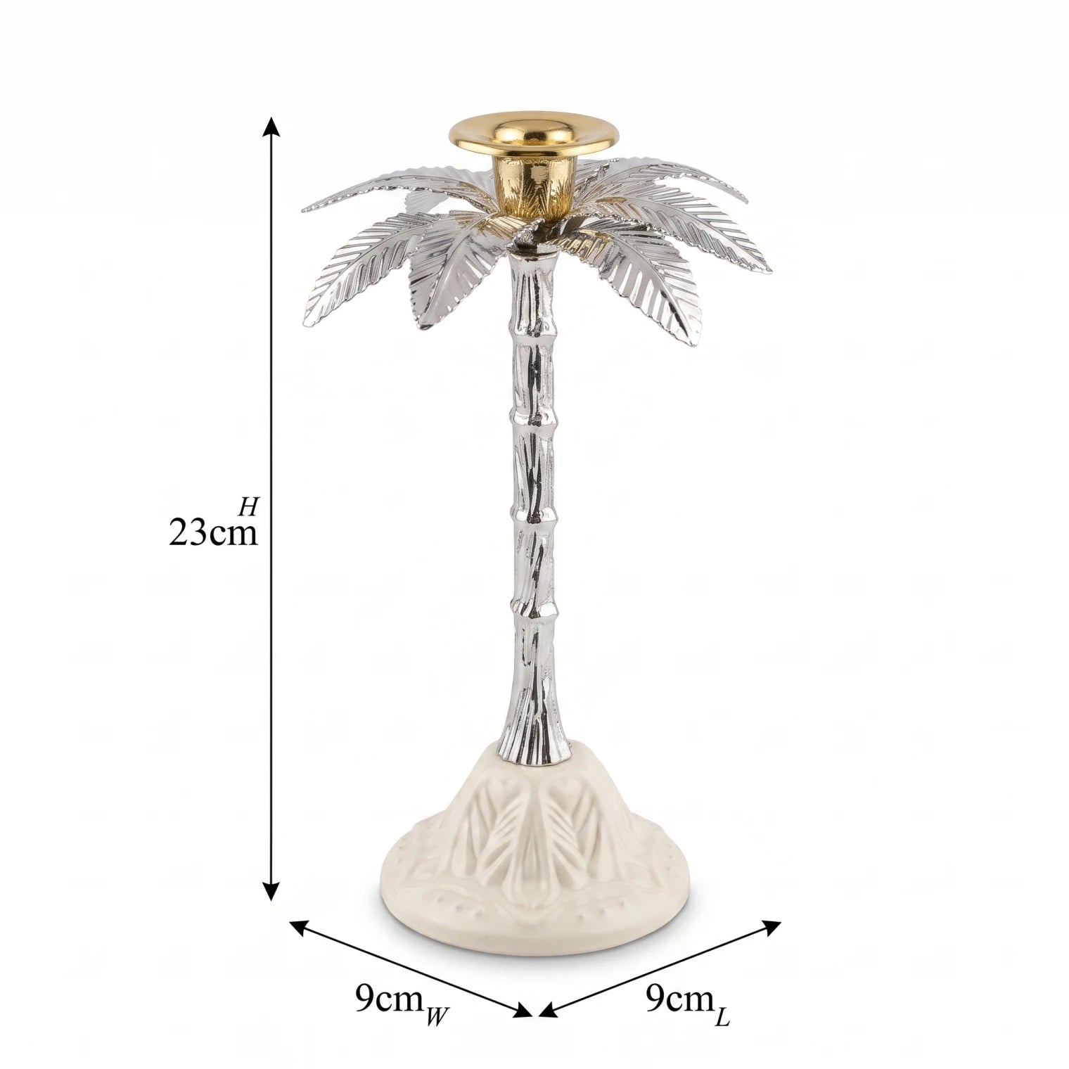 Metal Silver Palm Tree Candle Holder – 23cm Decorative Design with Detailed Leaves and Off-White Base