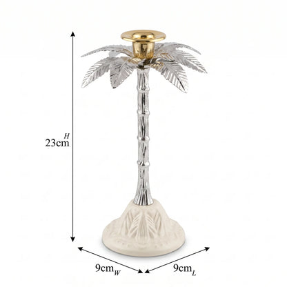Metal Silver Palm Tree Candle Holder – 23cm Decorative Design with Detailed Leaves and Off-White Base