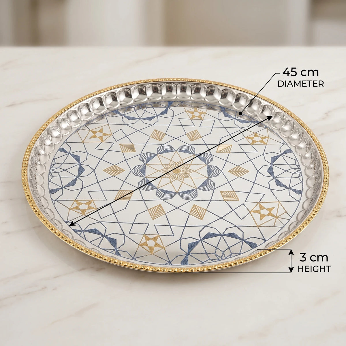 ARGTE Luxury Round Serving Tray – 45 cm Mirrored Metal Platter | Geometric Mandala Etching, Gold Accents and Scalloped Border