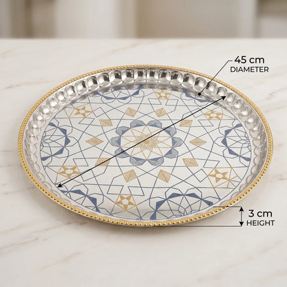 ARGTE Luxury Round Serving Tray – 45 cm Mirrored Metal Platter | Geometric Mandala Etching, Gold Accents and Scalloped Border