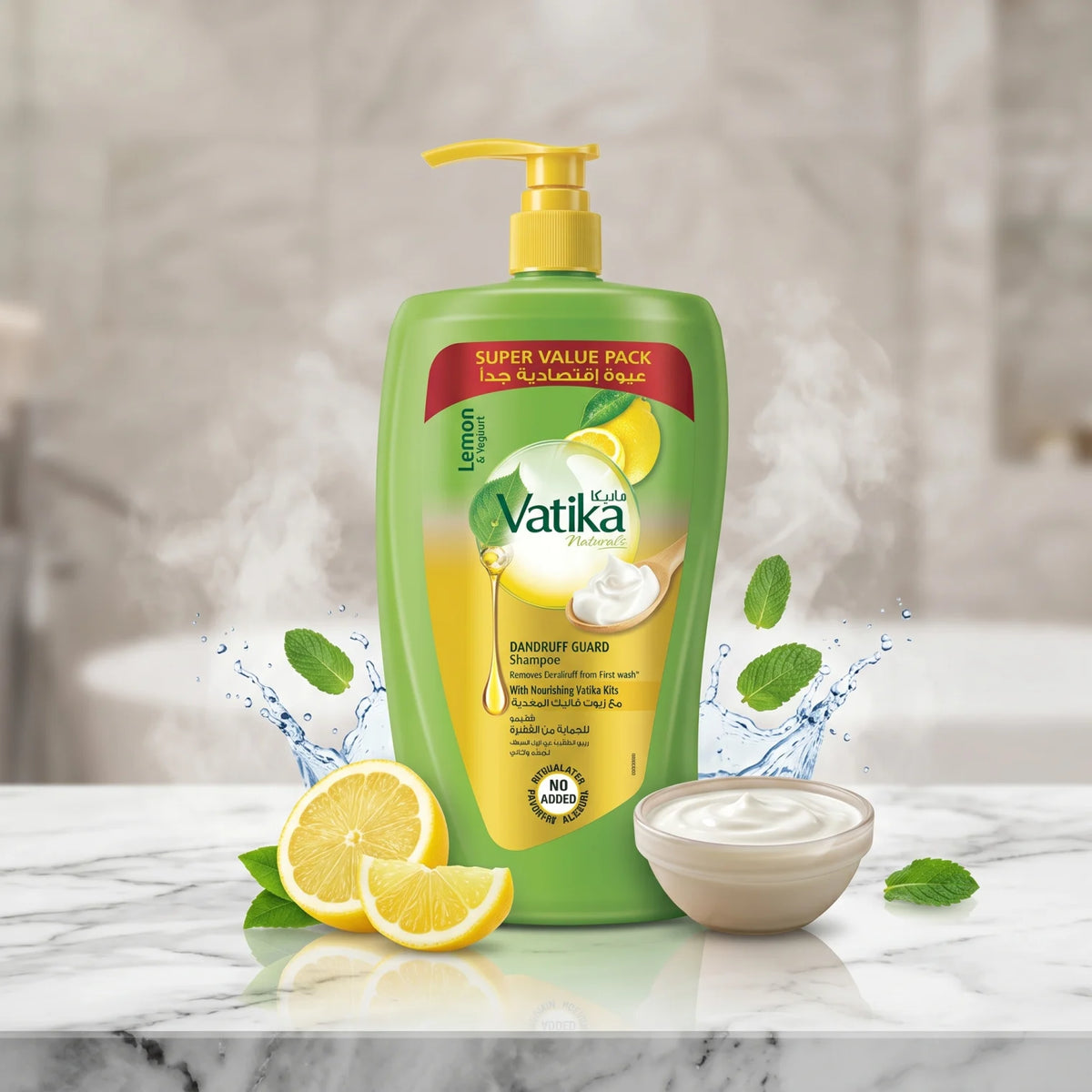 Vatika Naturals Lemon & Yogurt Shampoo – Dandruff Guard | Nourishing Vatika Oils | Green Bottle with Pump