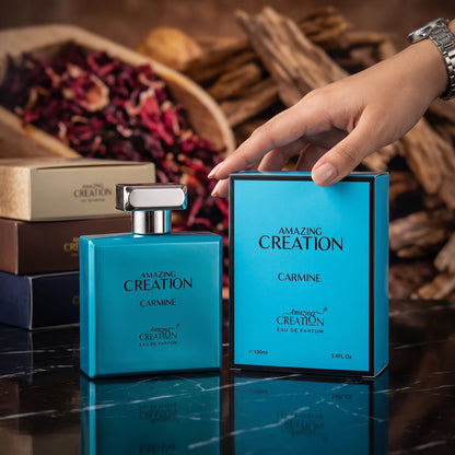 Amazino AMAZING CREATION CARMINE 100 ML Eau de Parfum – Turquoise Blue Bottle with Metallic Silver Cap
