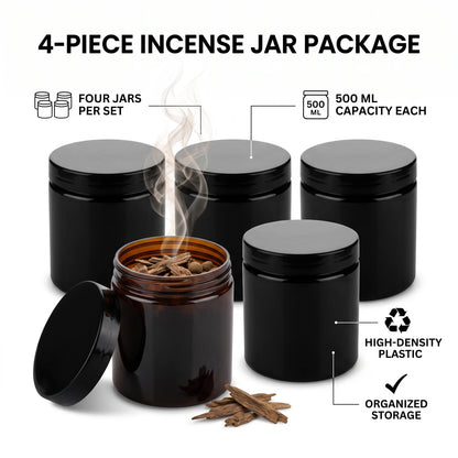 4-Piece Incense Jar Package – 500 ML Each | High-Density Plastic Storage Containers for Incense Storage and Organization
