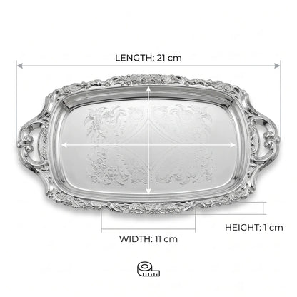 Ornate Silver-Plated Rectangular Serving Tray – 21 x 11 x 1 cm | Decorative Handles and Embossed Floral Center