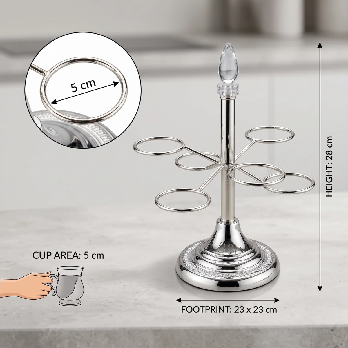 Ansa Steel Cawa Cup Holder – 6-Cup Arabic Coffee Stand | Freestanding Tabletop Rack with Decorative Base, 28 cm Height, 23 x 23 cm Footprint - Silver - Image 2