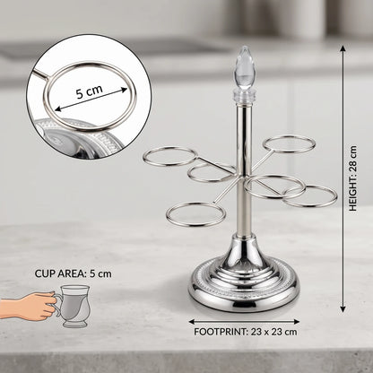 Ansa Steel Cawa Cup Holder – 6-Cup Arabic Coffee Stand | Freestanding Tabletop Rack with Decorative Base, 28 cm Height, 23 x 23 cm Footprint - Silver - Image 2