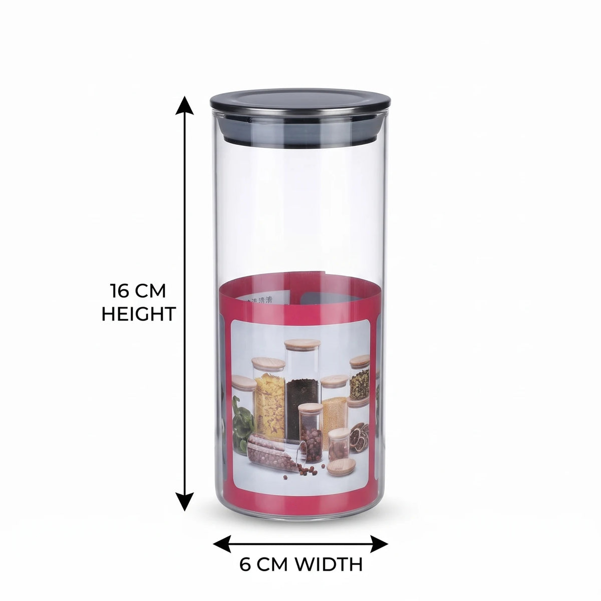 Yuniverse Canister Jar with Airtight Steel Lid – 16 cm Height x 6 cm Width | Transparent Cylindrical Food Storage Container