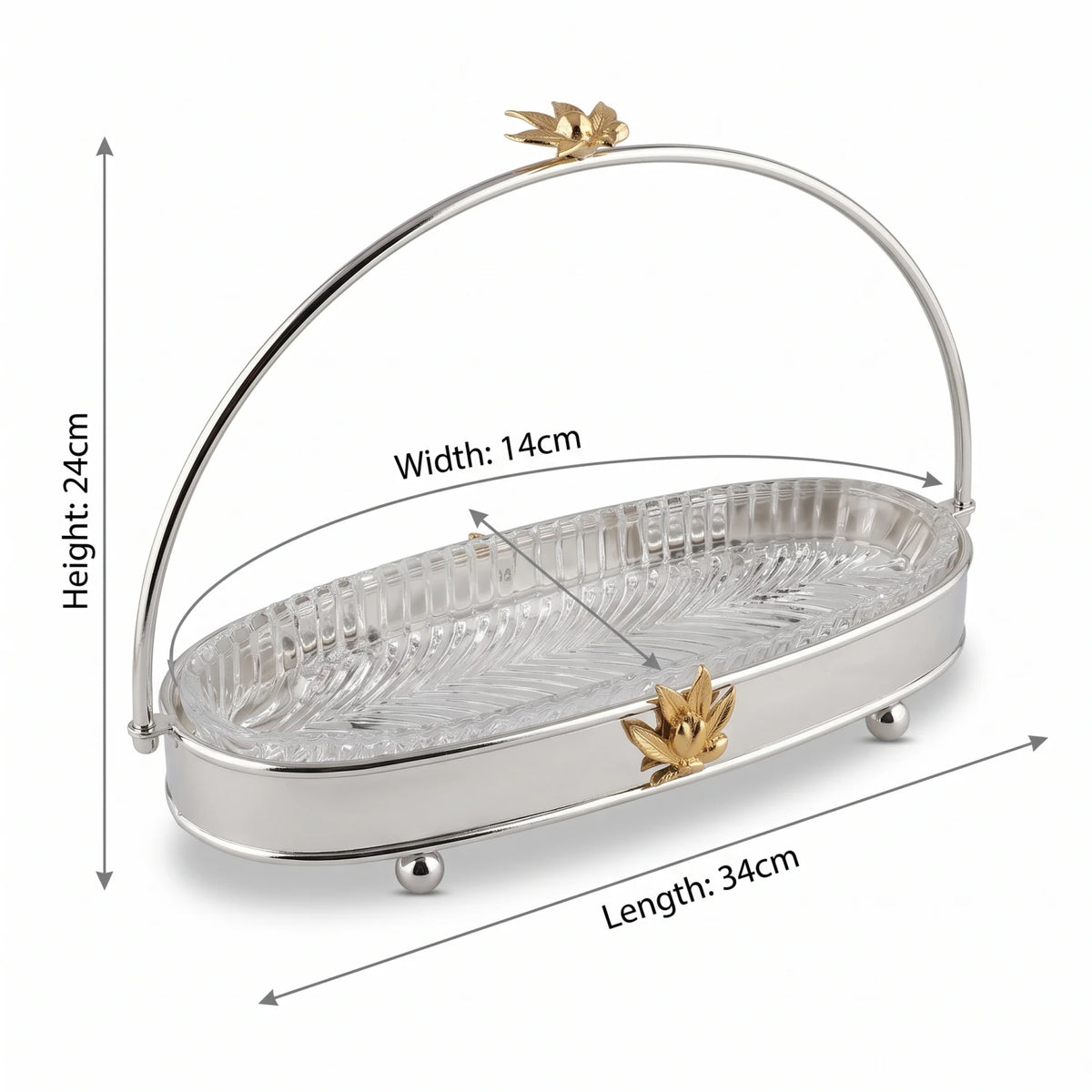MAY FLOWER Premium Small Oval Serving Tray – Steel & Glass with Arch Handle, Gold-Tone Floral Accent | Decorative Food Display Stand, 24cm H x 14cm W x 34cm L