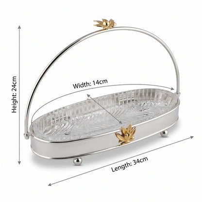 MAY FLOWER Premium Small Oval Serving Tray – Steel & Glass with Arch Handle, Gold-Tone Floral Accent | Decorative Food Display Stand, 24cm H x 14cm W x 34cm L