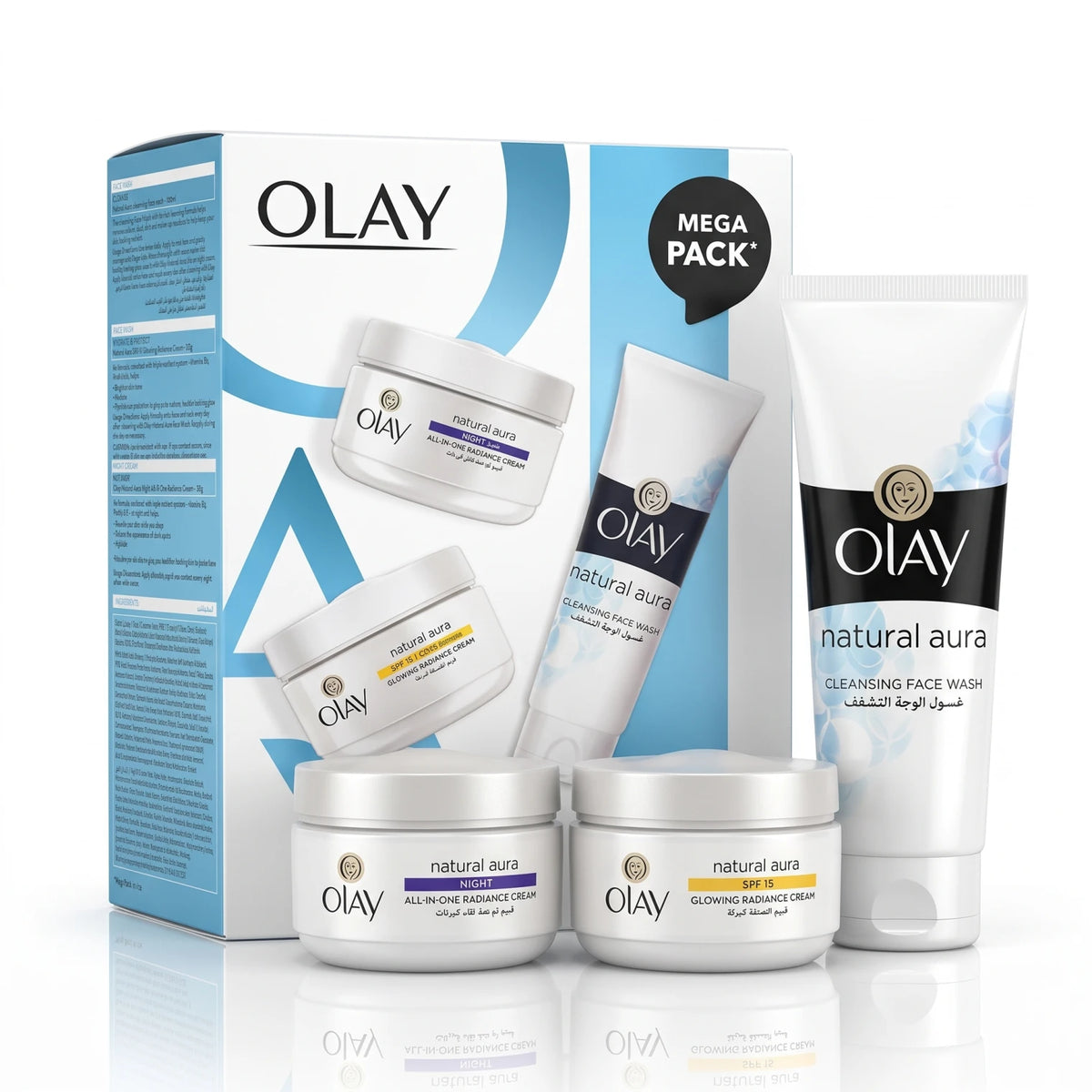 OLAY natural aura All-in-One Glow Regimen Mega Pack – Night Cream, SPF 15 Cream & Cleansing Face Wash