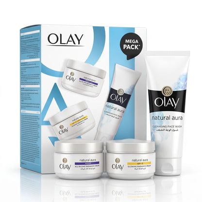 OLAY natural aura All-in-One Glow Regimen Mega Pack – Night Cream, SPF 15 Cream & Cleansing Face Wash