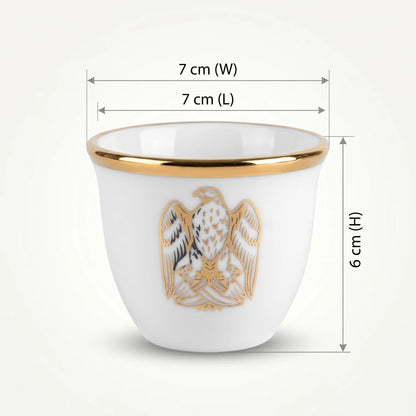 NGT 12-Piece Porcelain Arabic Coffee Gahwa Cup Set – UAE Abu Dhabi Falcon Logo | Handleless Cups | White-Gold or White-Black - White-Gold - Image 2