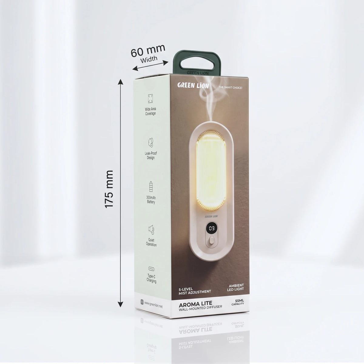 GREEN LION AROMA LITE Wall-Mounted Aroma Diffuser – 55ML, 5-Level Mist Adjustment, Ambient LED Light, Digital Display, White with Green Handle