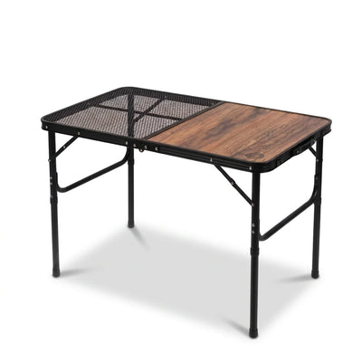 Omega 1 korea Lightweight Foldabe Camping Outdoor Table – Wood-Texture Section, Mesh Shelf, Folding Frame and Leg Extensions