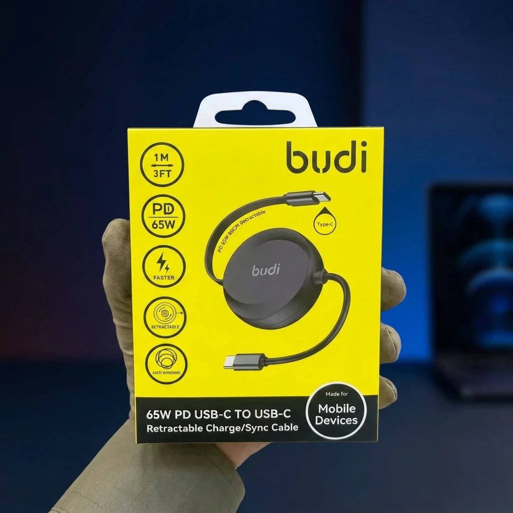 budi Retractable USB-C to USB-C Cable 1M/3FT – 65W PD Charge & Sync, Anti-Winding Black Type-C Cable for Mobile Devices