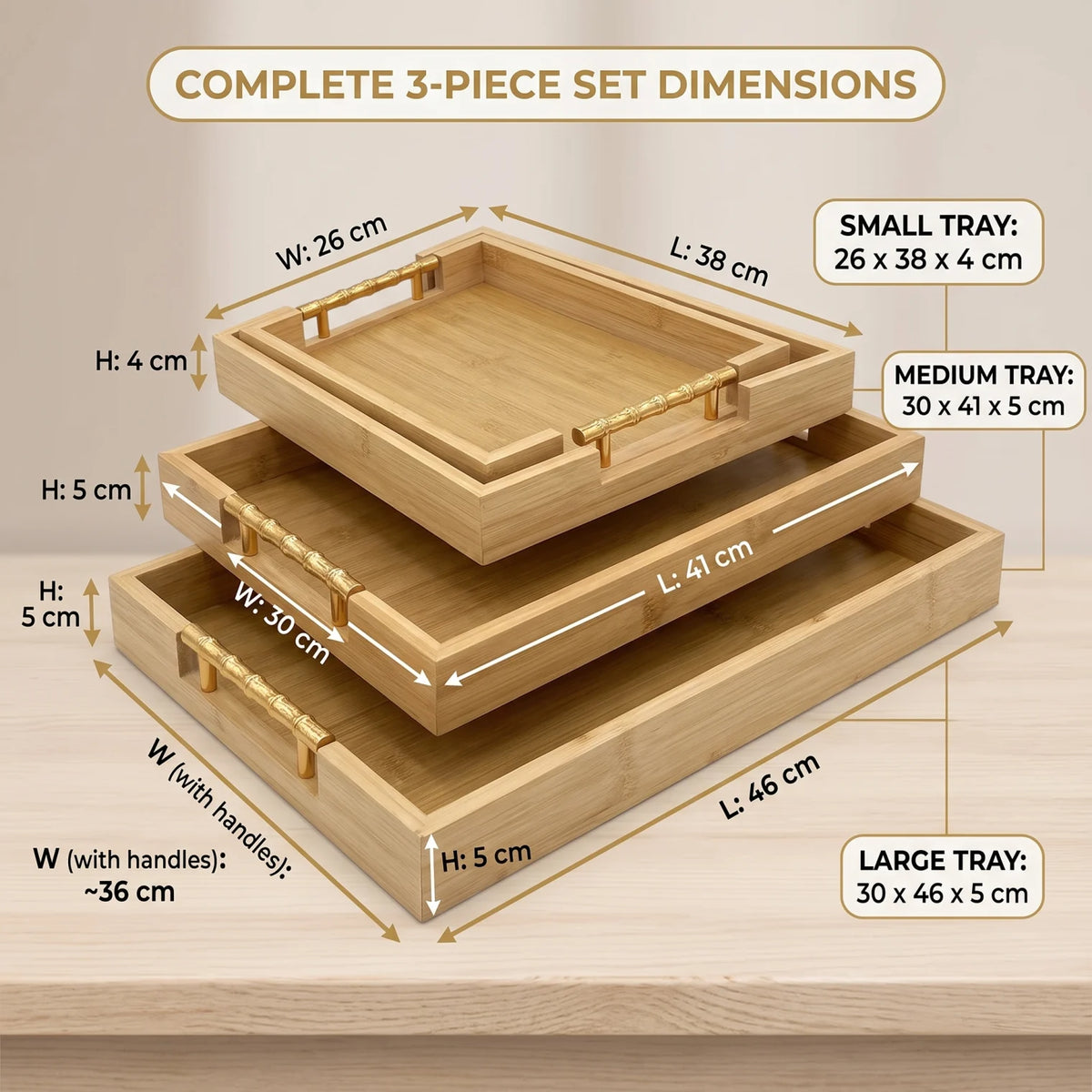 3-Piece Bamboo Serving Tray Set – Small, Medium & Large Rectangular Trays with Ornate Gold-Toned Handles | 26–46 cm Lengths for Home Serving