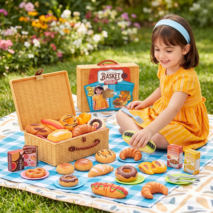 Sweet Picnic 21-Piece Toy Picnic Food Playset – Breads & Desserts, Multicolor Basket Role-Play Set for Kids Aged 3+