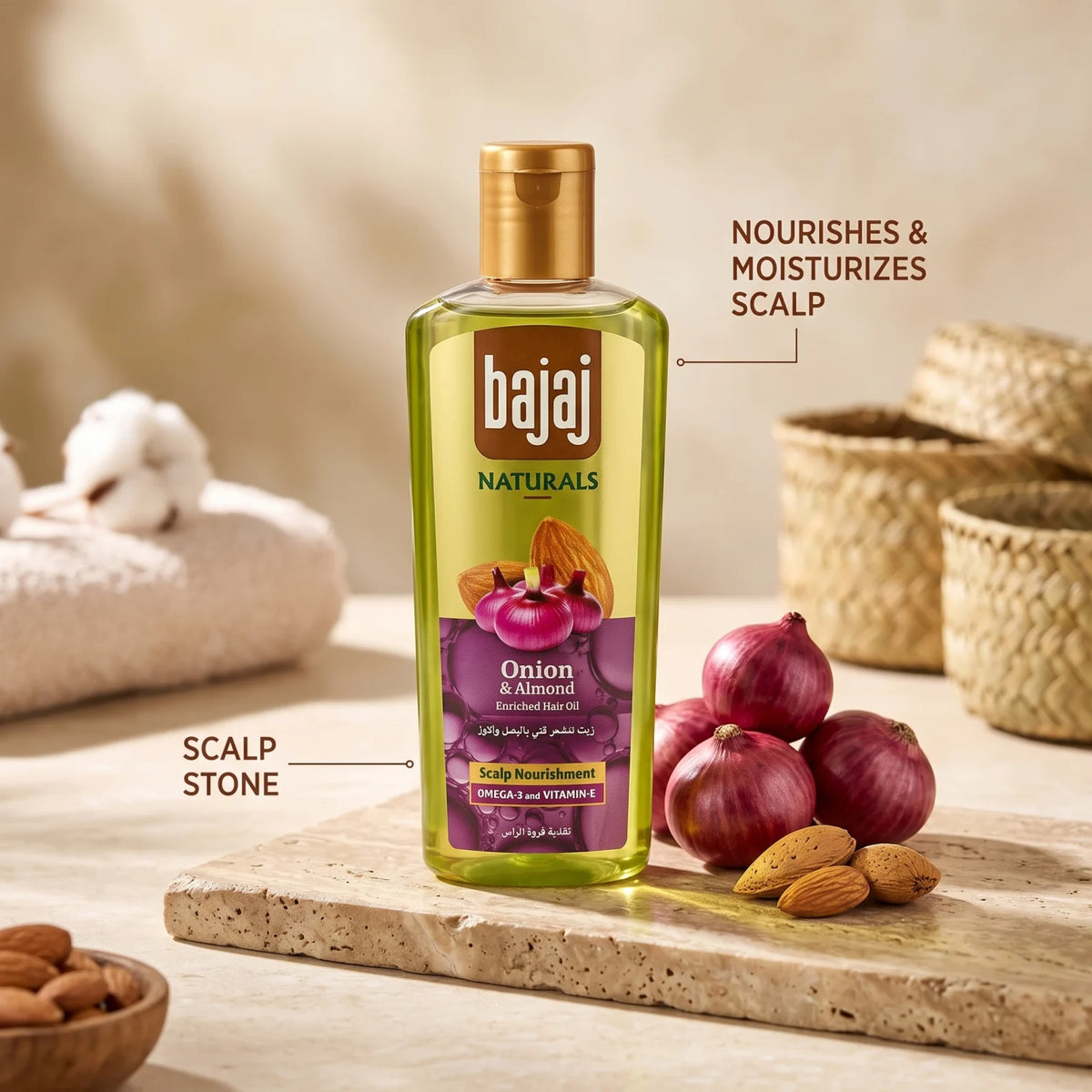 Bajaj Naturals Onion & Almond Enriched Hair Oil 200ml | Scalp Nourishment & Moisturization | For Strong, Smooth-Looking Hair