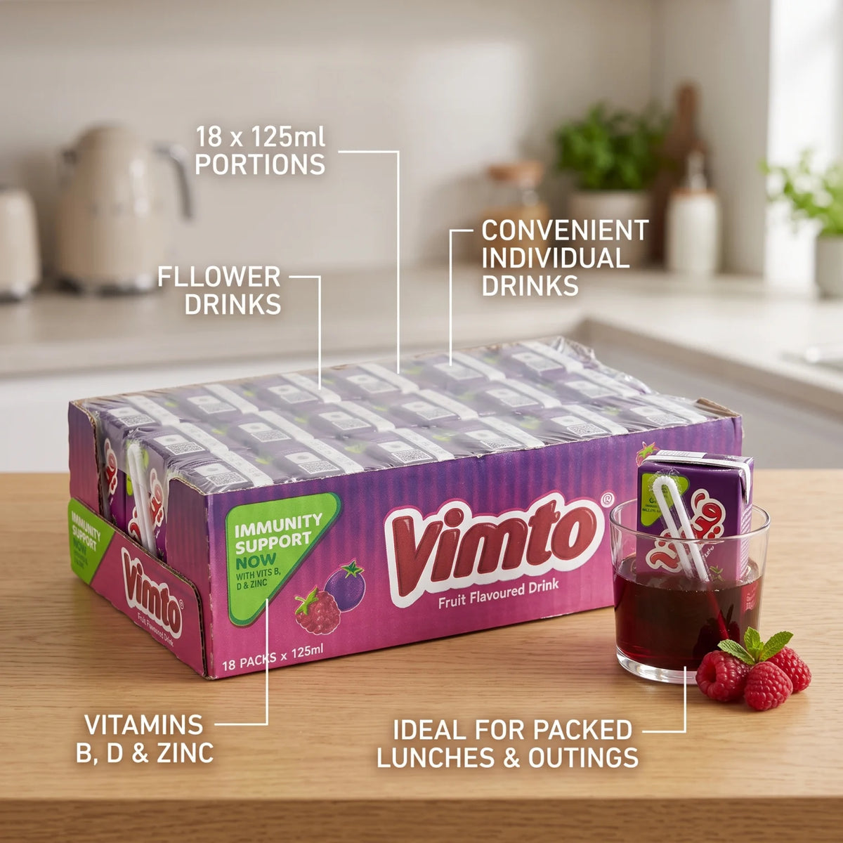 Vimto Fruit Flavoured Drink 18 x 125ml Pack | Purple Pack Drinks with Vitamins B, D & Zinc | Convenient Individual Fruit Drink Packs