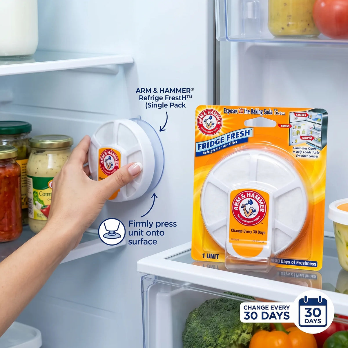 ARM & HAMMER REFRIGER FRESH Refrigerator Air Filter – 1 Unit | 2X the Baking Soda vs. 1 lb Box | Fridge, Freezer & Crisper Use