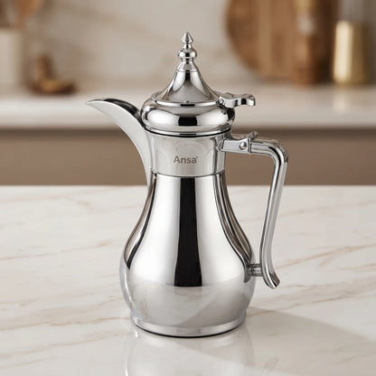 Ansa Traditional Arabic Stainless Steel Vacuum Flask – 0.35 or 0.6 Liters | Pink Glass Interior | Leak Proof Tea and Coffee Server - Plain Silver / 0.35 Liters - Image 2
